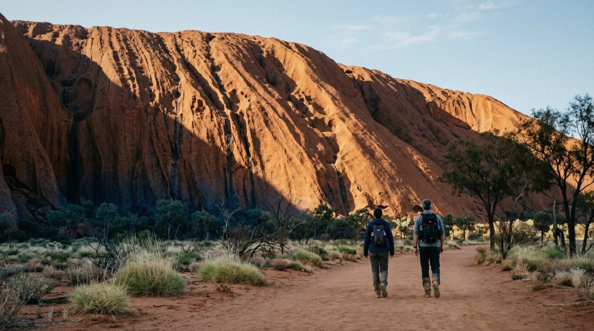 Walkers on the flat sand track below the rock wall on a guided Uluru base walk tour at sunrise, Northern Territory Australia