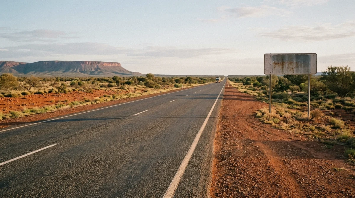 The empty sealed highway across red desert on the drive taken by Uluru tours from Alice Springs, Northern Territory Australia