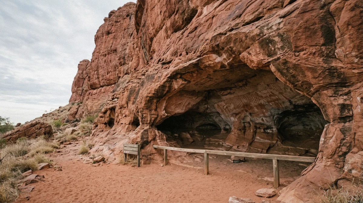Ochre rock art under a shallow cave overhang at the base of the rock on the Mala section of an Uluru base walk tour, Uluru-Kata Tjuta National Park