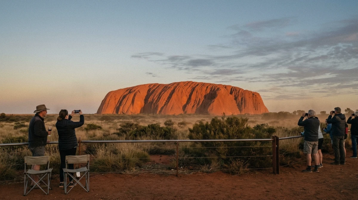 The west face turning deep red at the viewing area on an Uluru sunset tour, Uluru-Kata Tjuta National Park Northern Territory